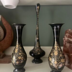 Black Etched Brass Fluted Vases Decorative Metal Boho Set of 3